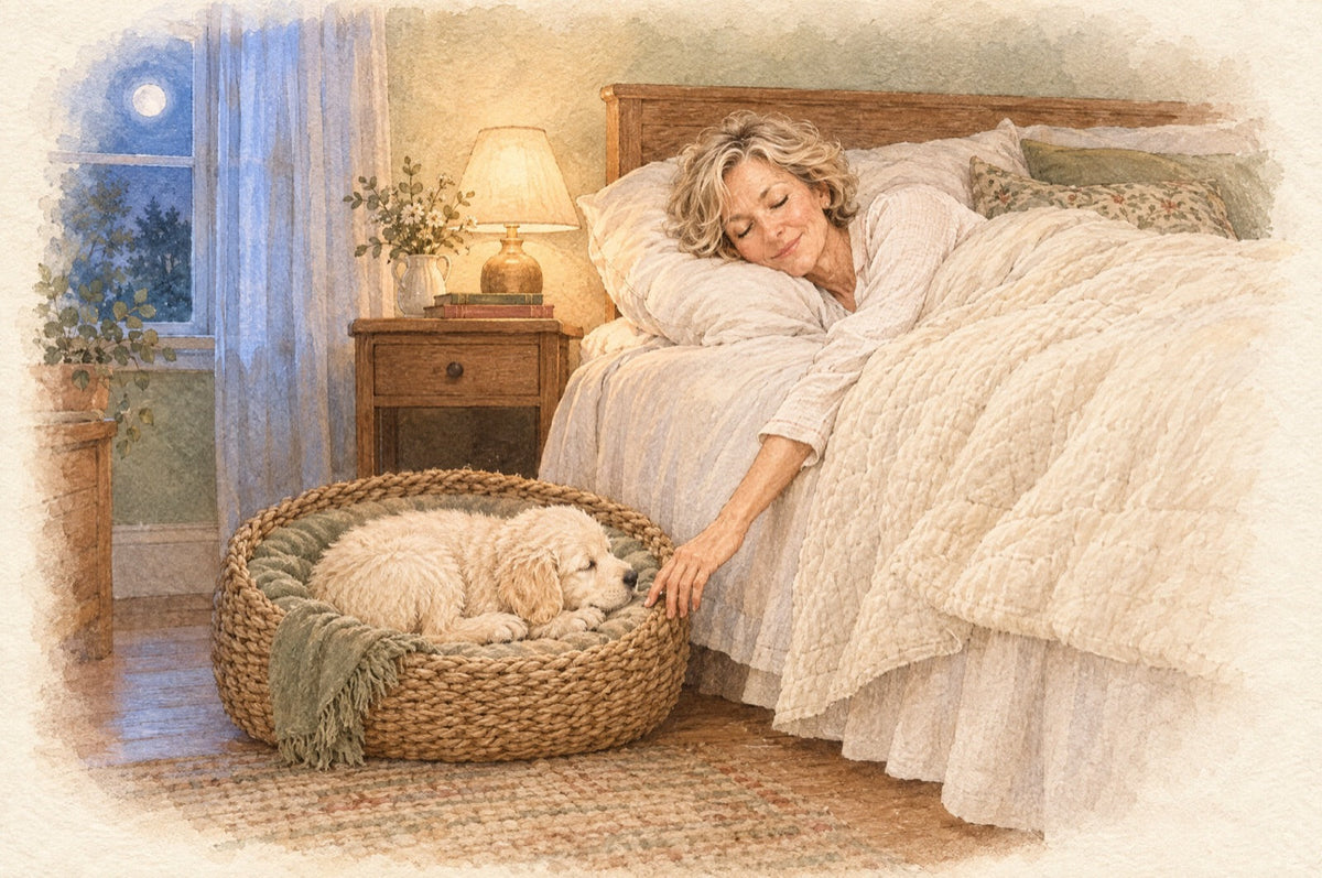 Chiot endormi dans son panier au pied du lit, la main de sa maîtresse tendue vers lui