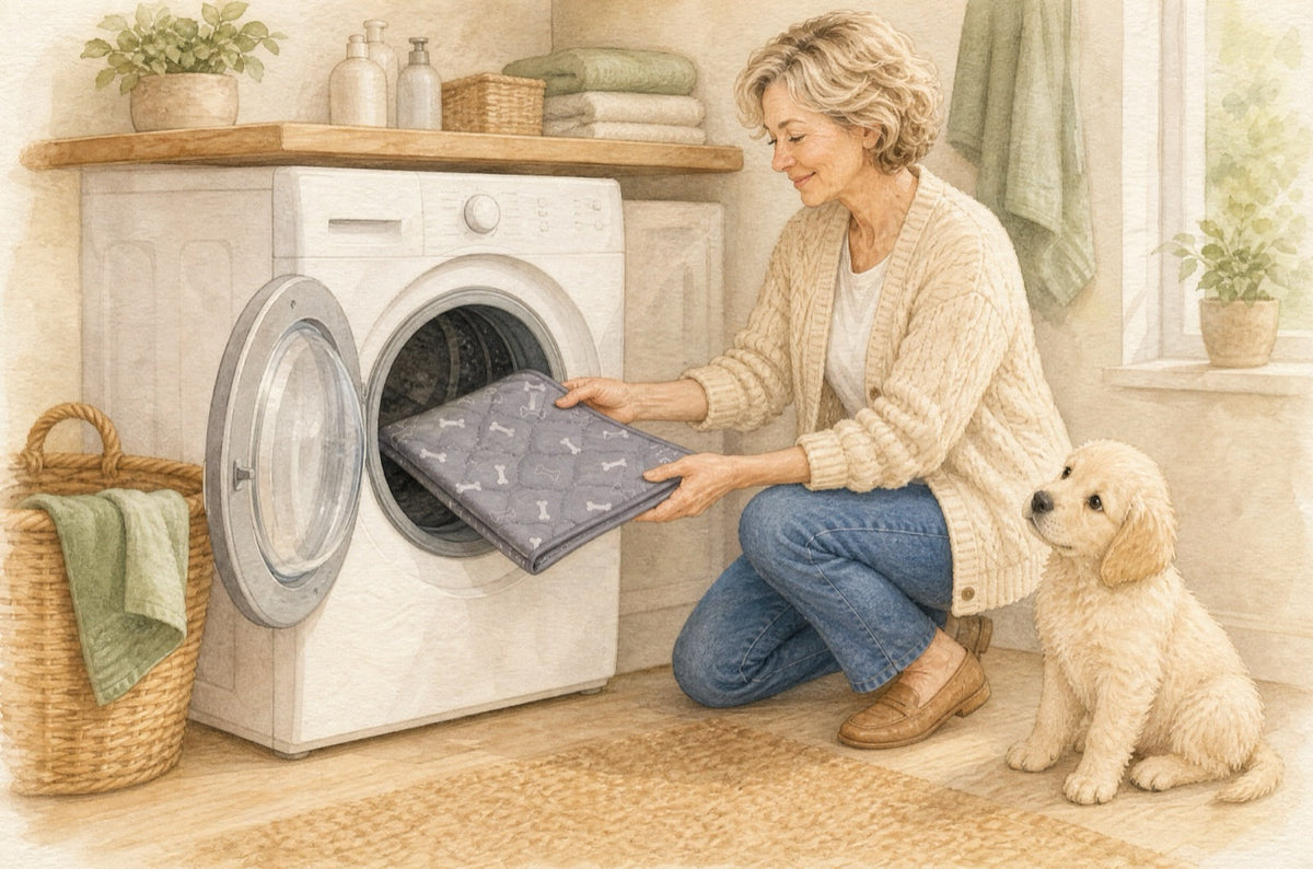 Tapis pipi lavable plié glissé dans une machine à laver, un chiot assis qui regarde