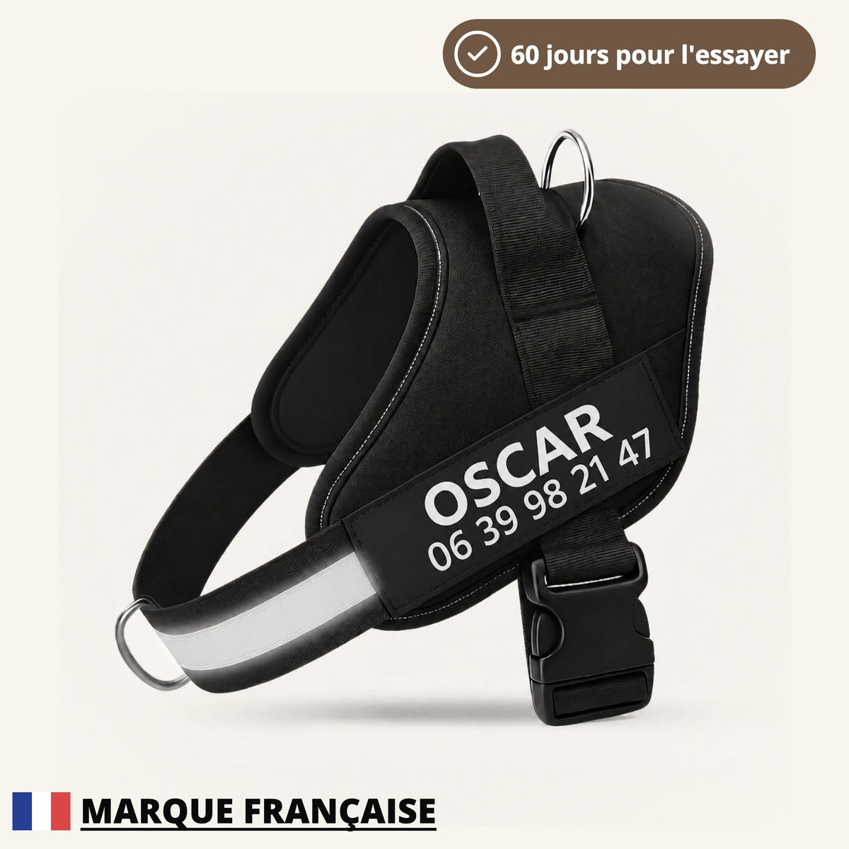 Harnais anti-traction personnalisable PlattyPaws noir, 60 jours pour l'essayer