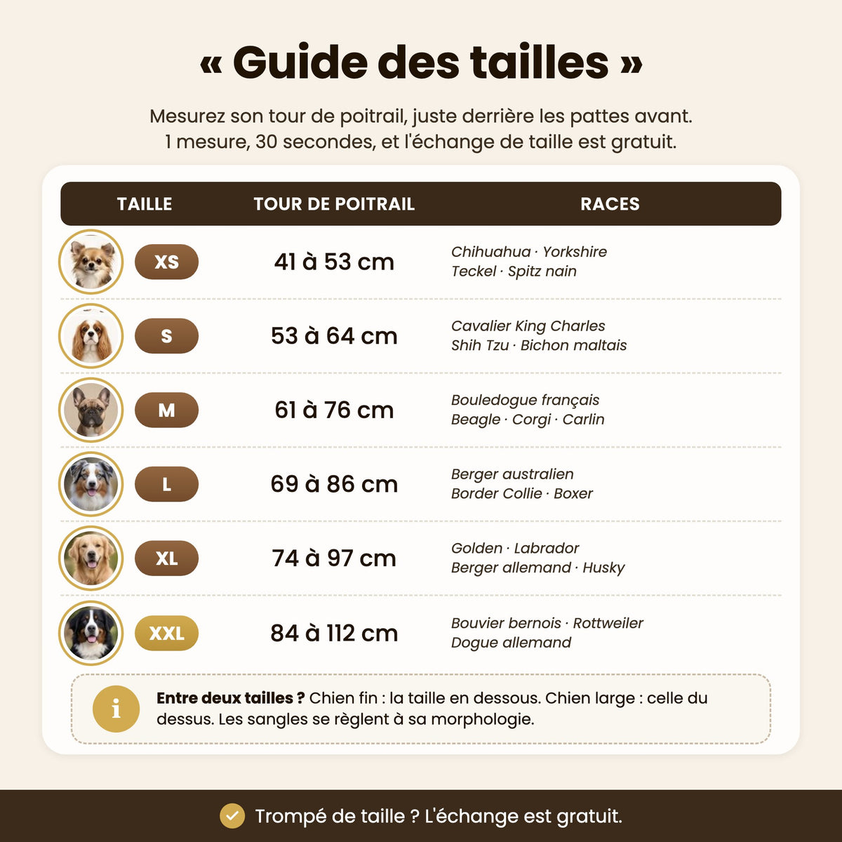 Harnais anti-traction personnalisable PlattyPaws, guide des tailles du XS au XXL