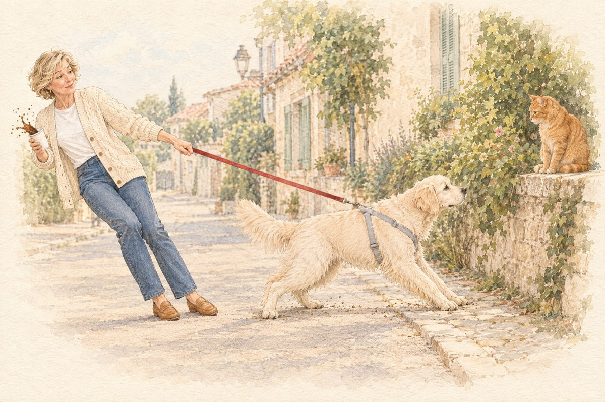 Golden retriever qui tire vers un chat, la laisse tendue accrochée au dos d'un harnais gris ordinaire, sa maîtresse emportée en avant