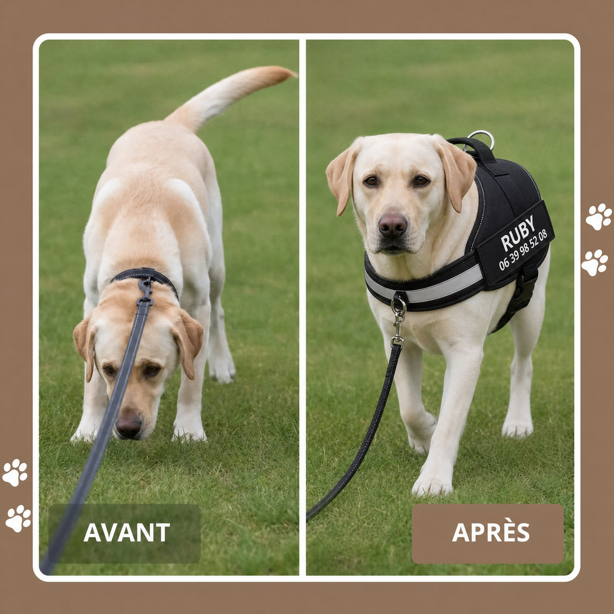Harnais anti-traction personnalisable PlattyPaws, avant et après