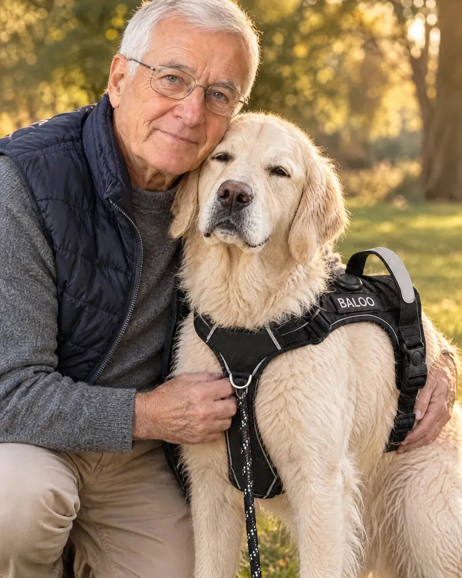 Un homme souriant serre dans ses bras son Golden Retriever qui porte un harnais noir