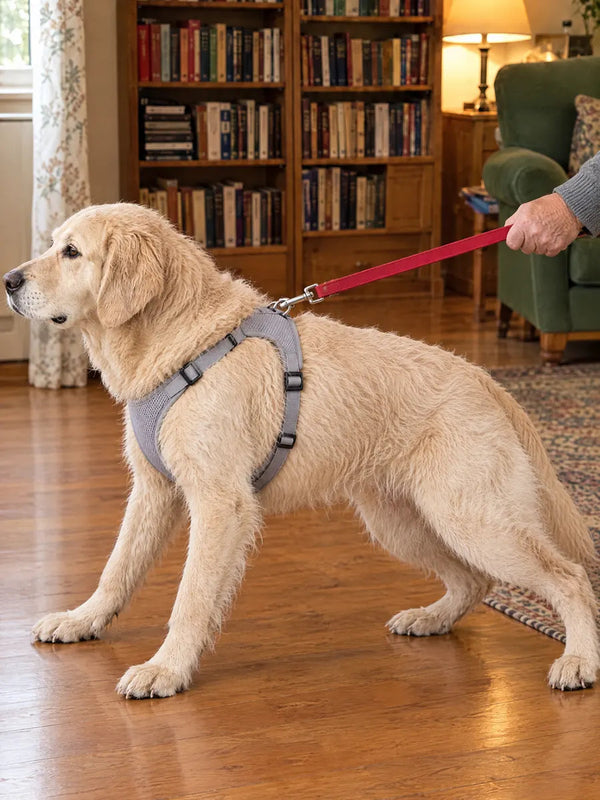 Un chien qui tire en avant, la laisse accrochée au dos d'un harnais gris