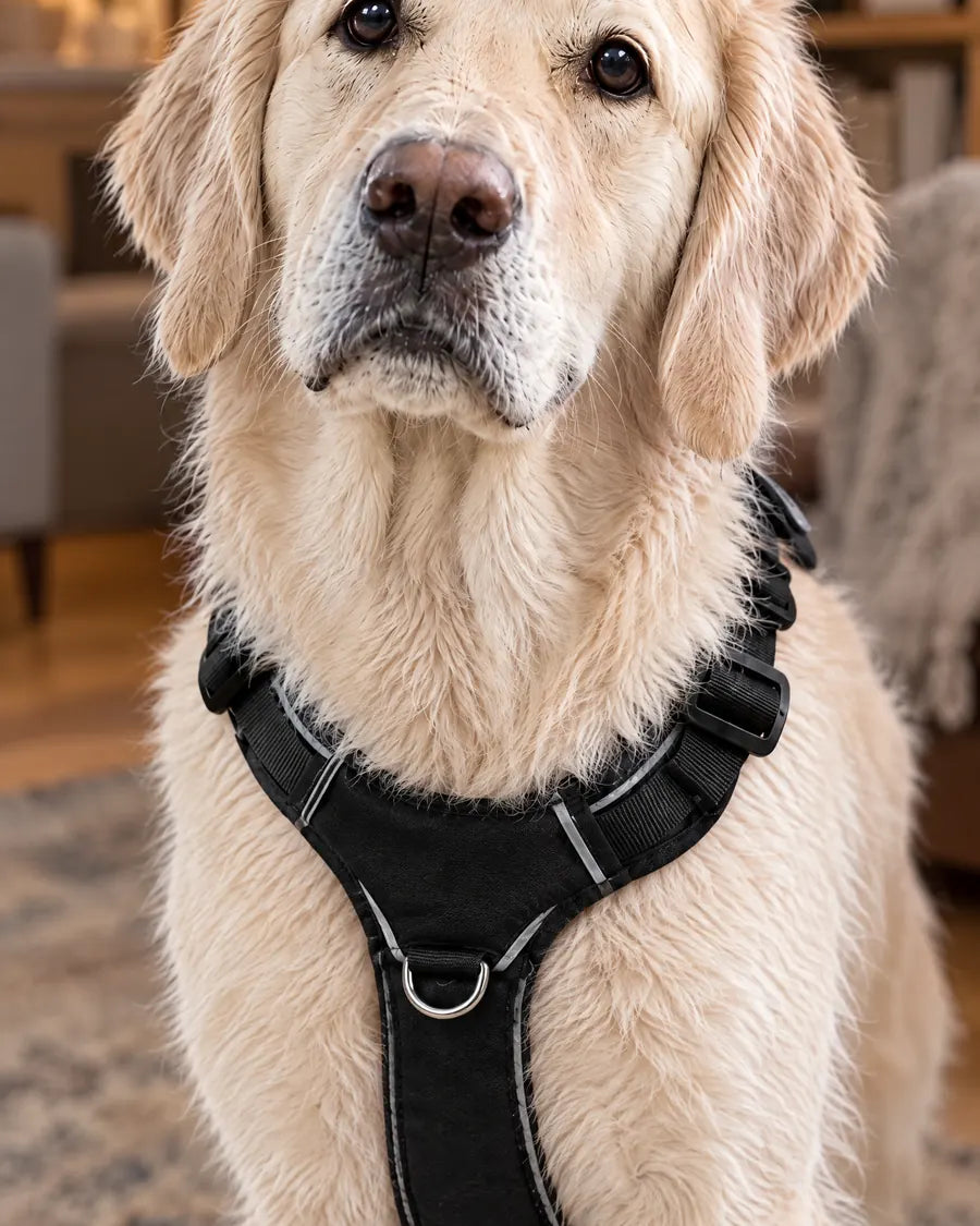 Gros plan sur le plastron rembourré en Y porté par un Golden Retriever