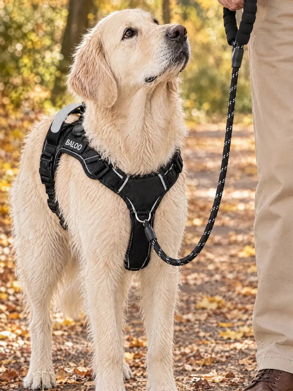 Un Golden Retriever, la laisse accrochée à l'anneau du poitrail, qui lève les yeux vers son maître