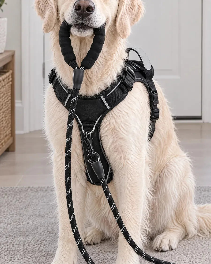 Un Golden Retriever assis près de la porte, la poignée de sa laisse dans la gueule