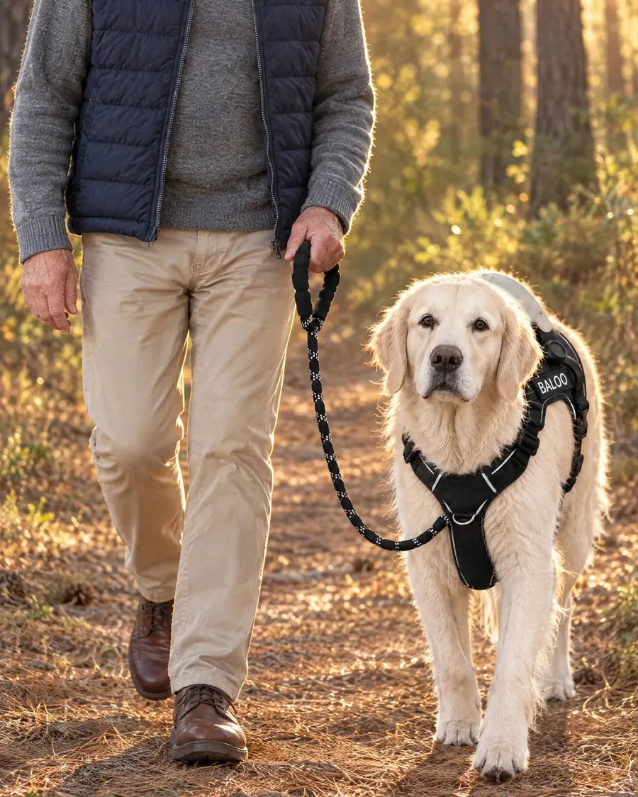 Un homme qui marche avec son Golden Retriever, laisse détendue accrochée à l'anneau du poitrail