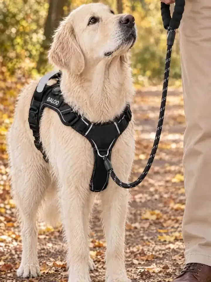 Un Golden Retriever qui revient vers la jambe de son maître, la laisse accrochée à l'anneau du poitrail