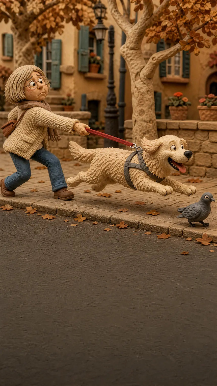 Une maîtresse tirée par son chien sur le trottoir, la laisse accrochée sur le dos de son harnais